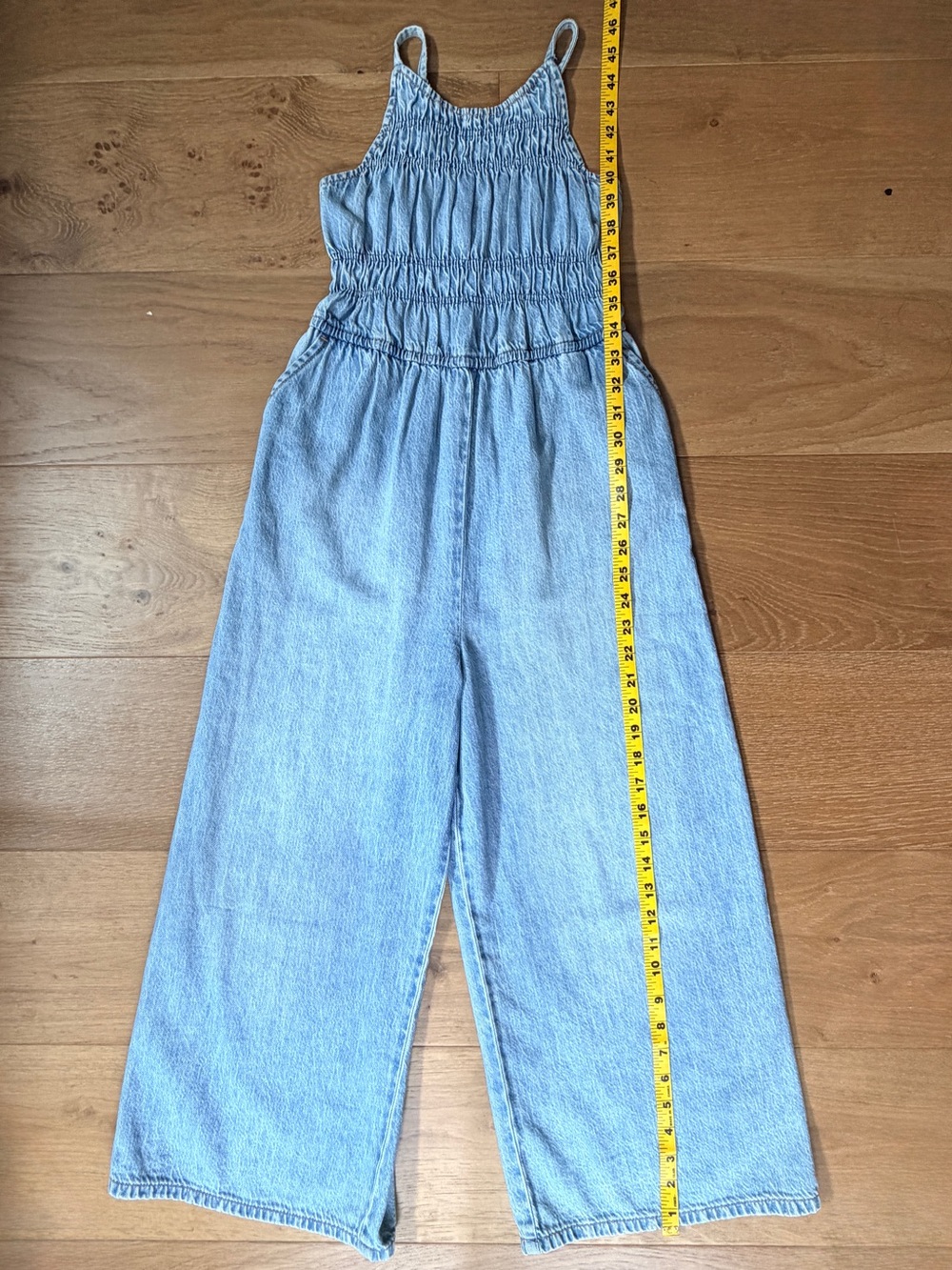 NWOT Abercrombie Kids Boho Preppy Wide Leg Denim Jumpsuit Smocked Girls Sz 11/12 - Picture 6 of 11